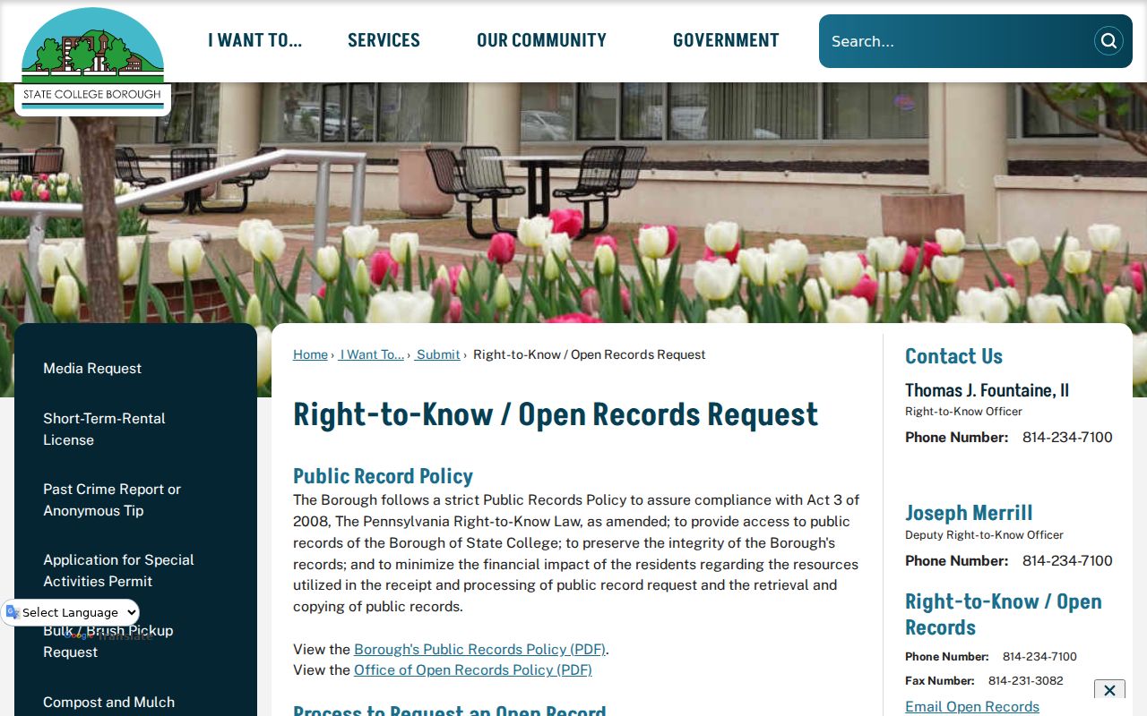 State College Borough residents directory public-records request process