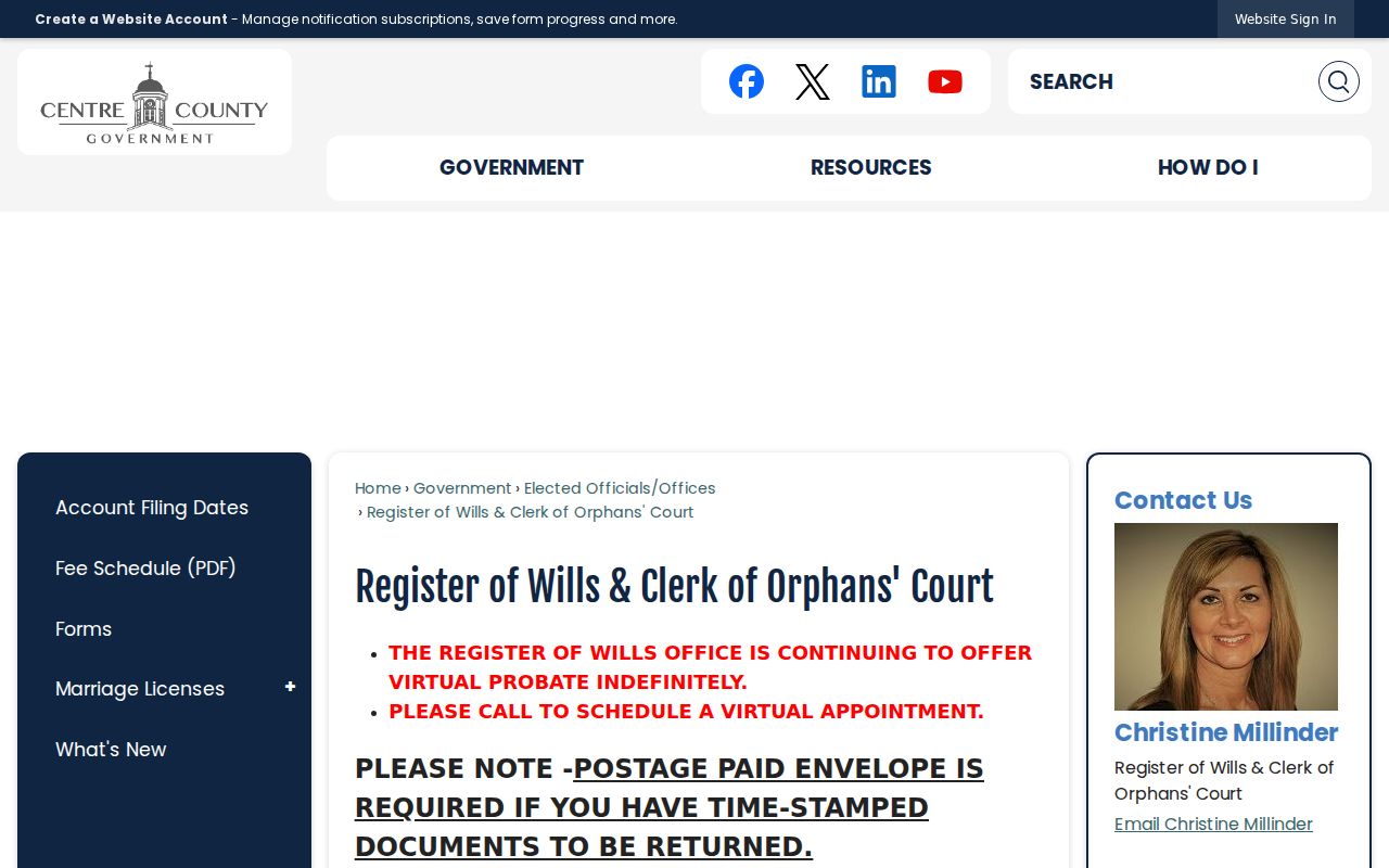 State College Borough previous residents Register of Wills and estate records